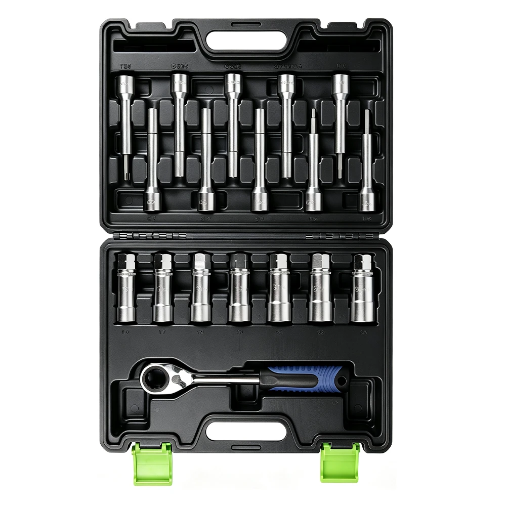 18PC Strut & Shock Absorber Service Tool Set 2 VT01838 18PC spring strut and shock absorber tool set with go-through sockets and extension bits for suspension repair