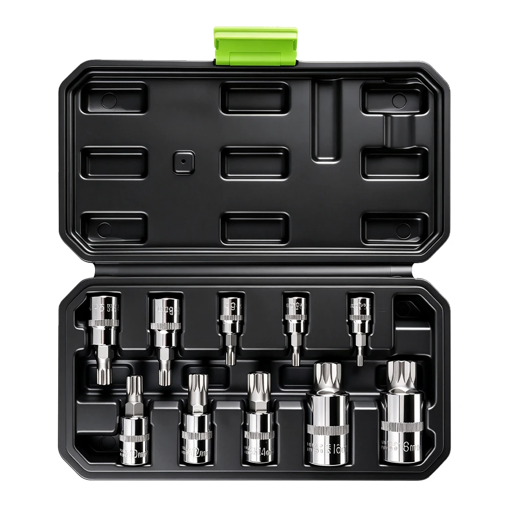 10PC Metric Hex Bit Socket Set 4–18mm 5 VT01910 10PC XZN tamper proof triple square spline bit socket set with multiple drive sizes for automotive fastener removal and installation