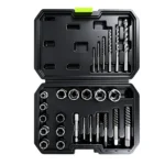 VT01915B 26-teiliges Schrauben- und Bolzenausdreher-Set mit Bohrern und Ausdreher-Steckschlüsseleinsätzen zum Entfernen beschädigter und abgebrochener Befestigungselemente.