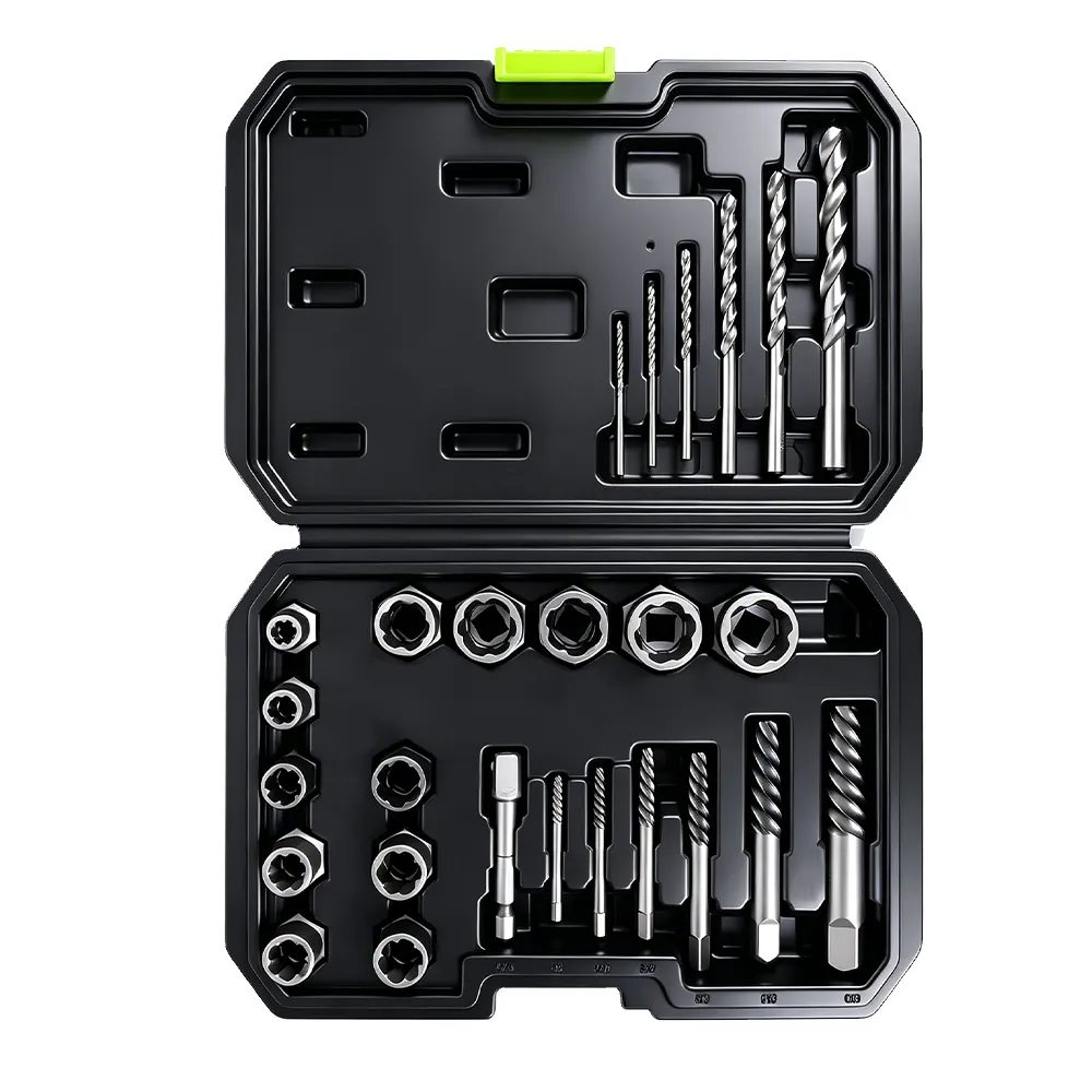 VT01915B 26-teiliges Schrauben- und Bolzenausdreher-Set mit Bohrern und Ausdreher-Steckschlüsseleinsätzen zum Entfernen beschädigter und abgebrochener Befestigungselemente.