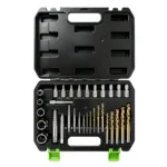 VT01915C 31PC screw and bolt extractor kit with left-hand drill bits and multi-spline extractors for damaged fastener removal.