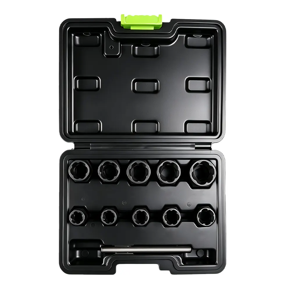 VT01938 11-teiliges Set mit flachen Ausdrehern für beschädigte Schrauben und Muttern zum Entfernen abgerundeter und beschädigter Befestigungselemente in beengten Räumen.
