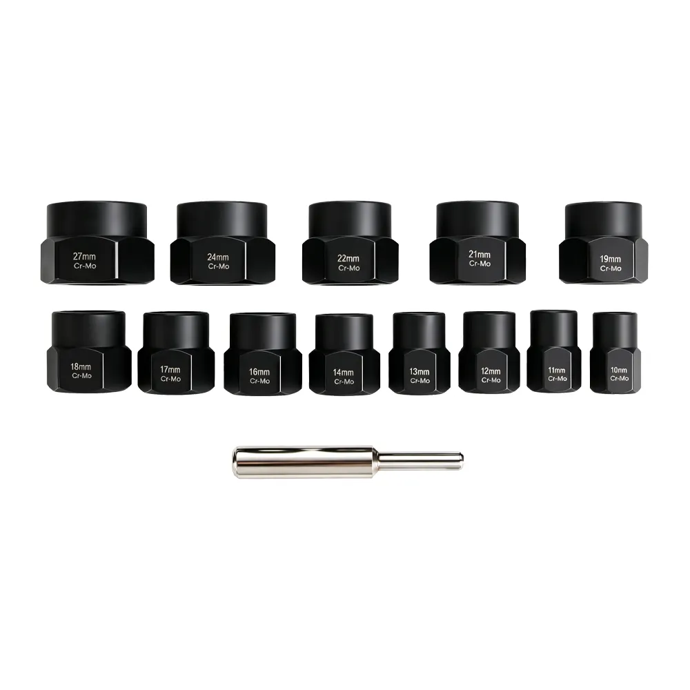 Conjunto de chaves de soquete para remoção de parafusos e porcas danificados, 14 peças, n.º 2 VT01938E Conjunto de 14 peças de extratores para remoção de parafusos e porcas, destinado a soltar parafusos e porcas danificados, desgastados e encravados.