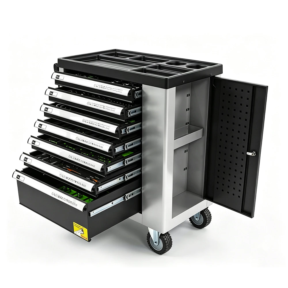VT05059B professional 7 drawer automotive tool trolley with side storage cabinet and caster wheels