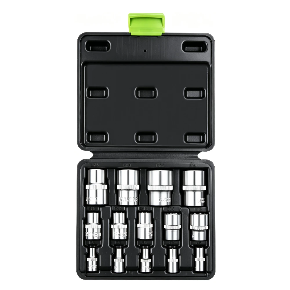 VT13024 14PC E type socket set with 1/4 inch 3/8 inch and 1/2 inch drive sockets from E4 to E24 for automotive repair