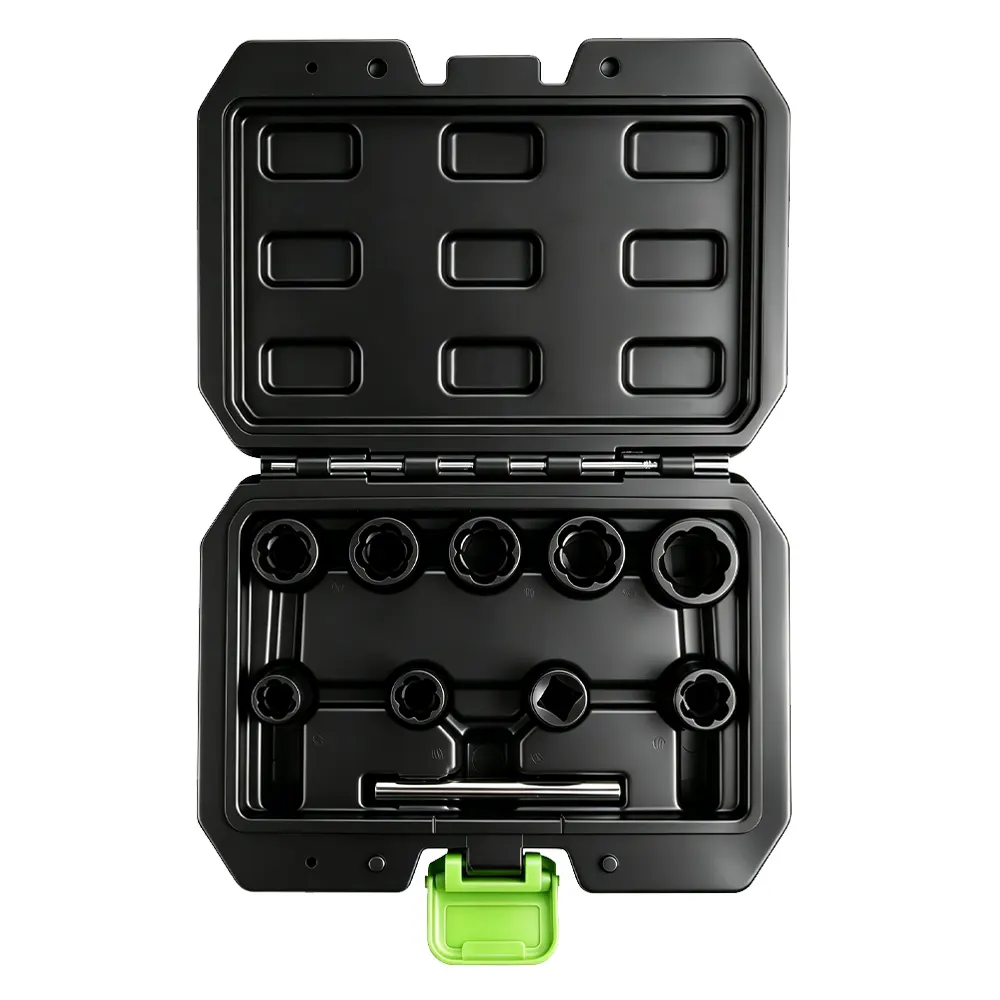 Lot de 10 douilles hélicoïdales à emmanchement 3/8 pouce 3 VT13155 : jeu de 10 douilles hélicoïdales à emmanchement 3/8 pouces, destinées à retirer les écrous et boulons endommagés, usés ou abîmés.