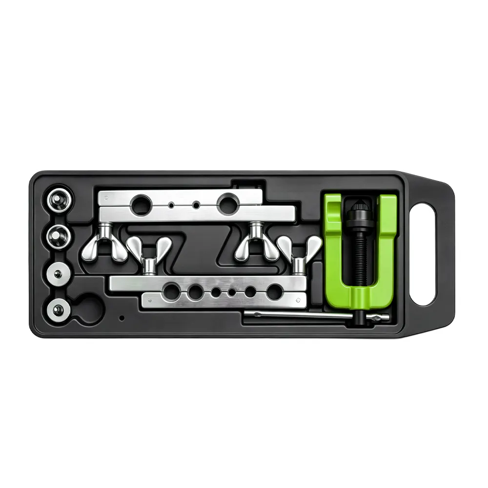 Jeu de 4 outils manuels pour évaser les flexibles de frein de 3 à 19 mm VT13487E : Jeu d'outils de sertissage manuel pour conduites de frein, destiné aux tubes de 3 mm à 19 mm, utilisé pour la réparation et l'entretien des conduites de frein automobiles.