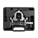 VT13487F Kit d'outils de sertissage double comprenant une barre de sertissage, un étrier et des adaptateurs pour l'entretien des conduites de frein et de réfrigération automobiles.