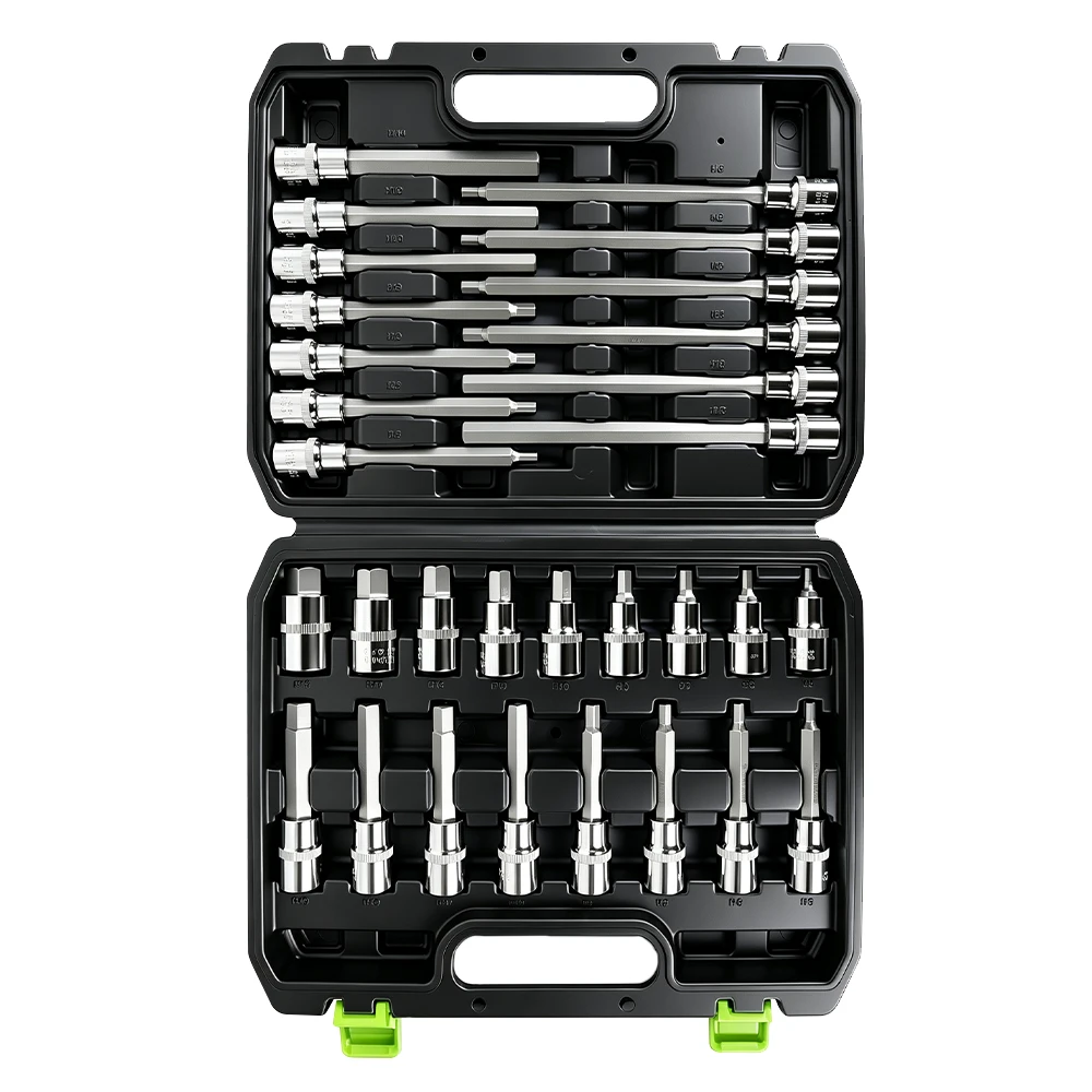 30PC 3/8in Drive Hex Bit Socket Set H5–H19 2 VT13750 30PC 3/8 inch drive hex bit socket set with short and extra long hex bits for automotive maintenance and repair