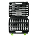 VT13751 32PC Torx star bit socket set with multiple T sizes and extended length bits for recessed automotive fasteners