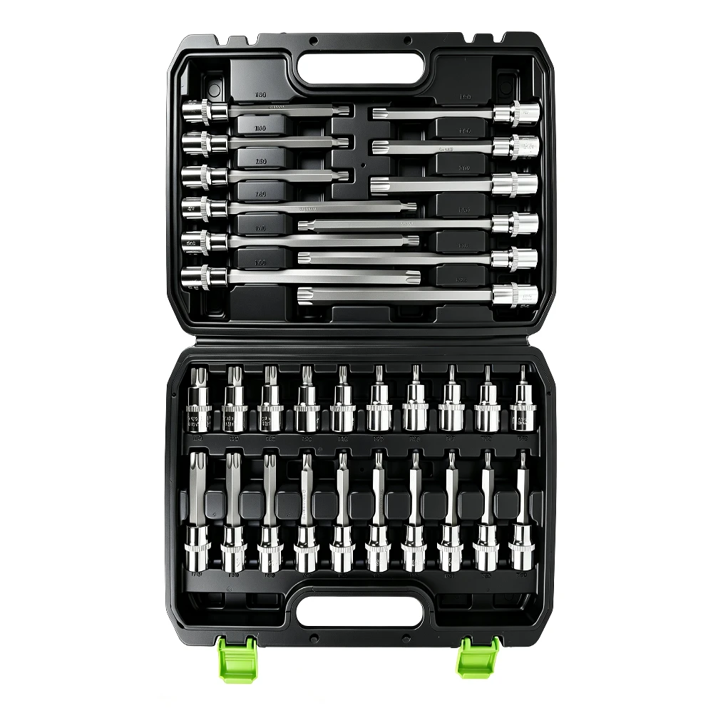 32PC 3/8in Drive Torx Bit Socket Set T20–T70 6 VT13751 32PC Torx star bit socket set with multiple T sizes and extended length bits for recessed automotive fasteners
