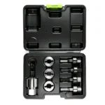 VT13814C wheel stud thread repair tool set for restoring damaged M12 and M14 automotive wheel stud threads.