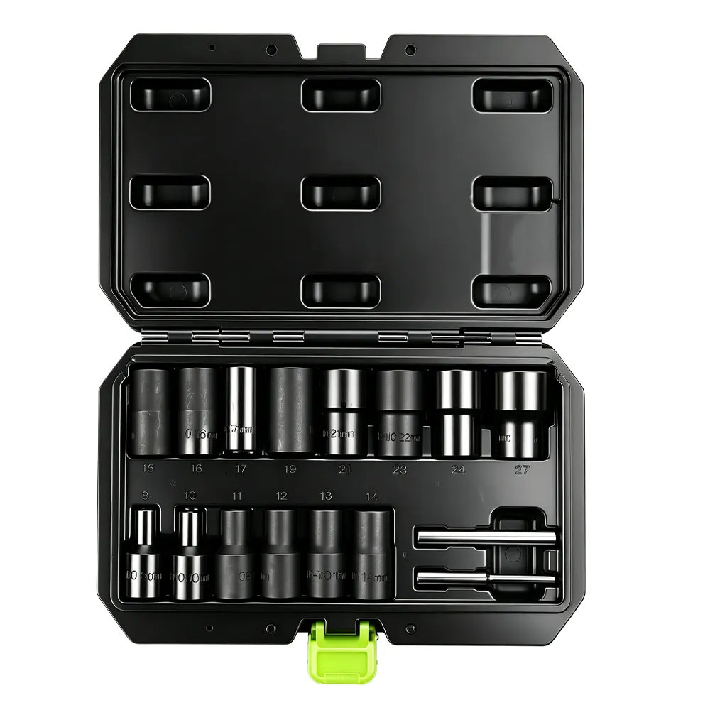 16-teiliges Steckschlüssel-Set mit 1/2-Zoll-Antrieb 1 VT13875 16-teiliger Steckschlüsselsatz mit 1/2-Zoll-Antrieb zum Lösen von beschädigten, abgerundeten und verrosteten Schrauben und Muttern von 8 bis 27 mm.