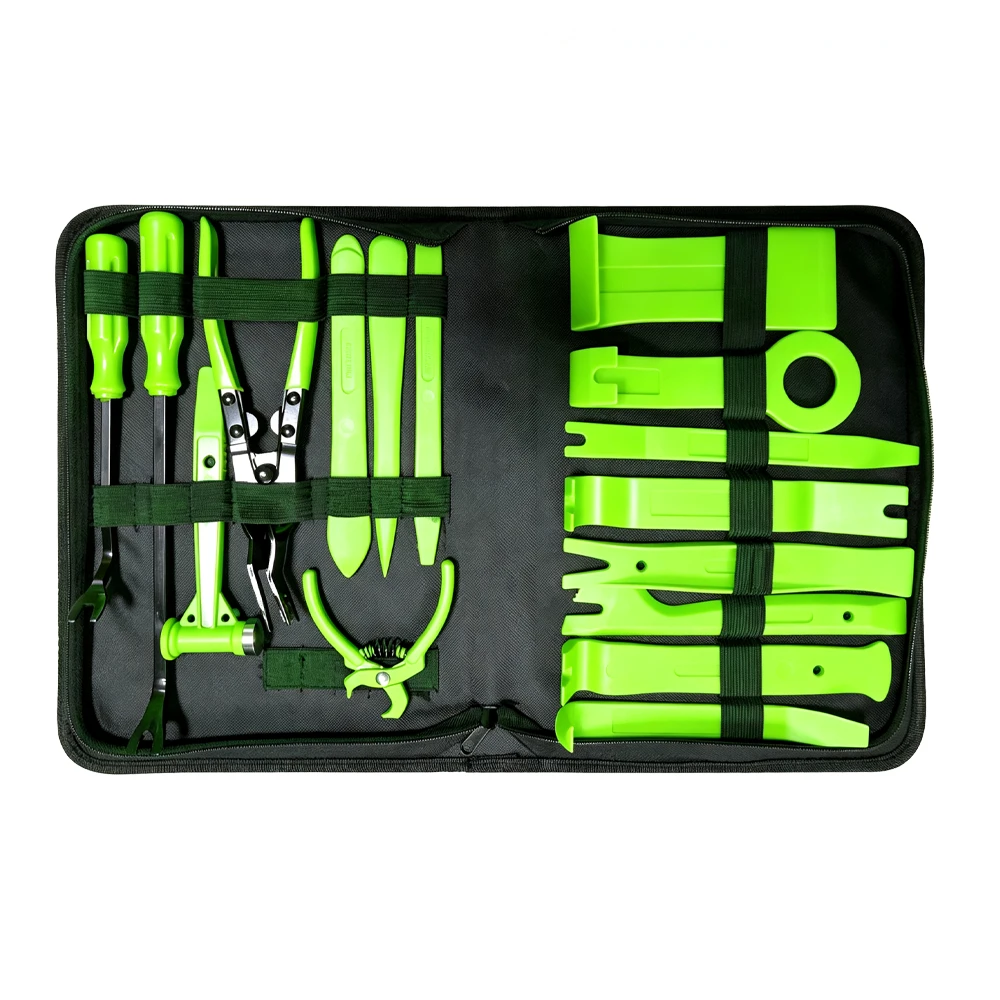 16PC Professional Automotive Trim & Clip Removal Tool Set 3 VT13895C 16PC car trim and door panel removal tool set with pry tools clip removers pliers and upholstery tools for automotive interior service
