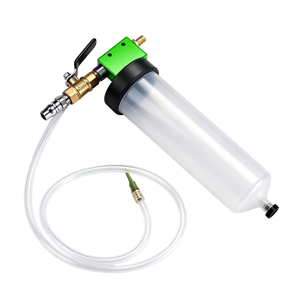 Automotive Brake Fluid Drain & Bleeding Pump Kit 2 VT13987 pneumatic brake fluid bleeder and oil extractor pump with fluid bottle and hose for automotive fluid draining and replacement service.