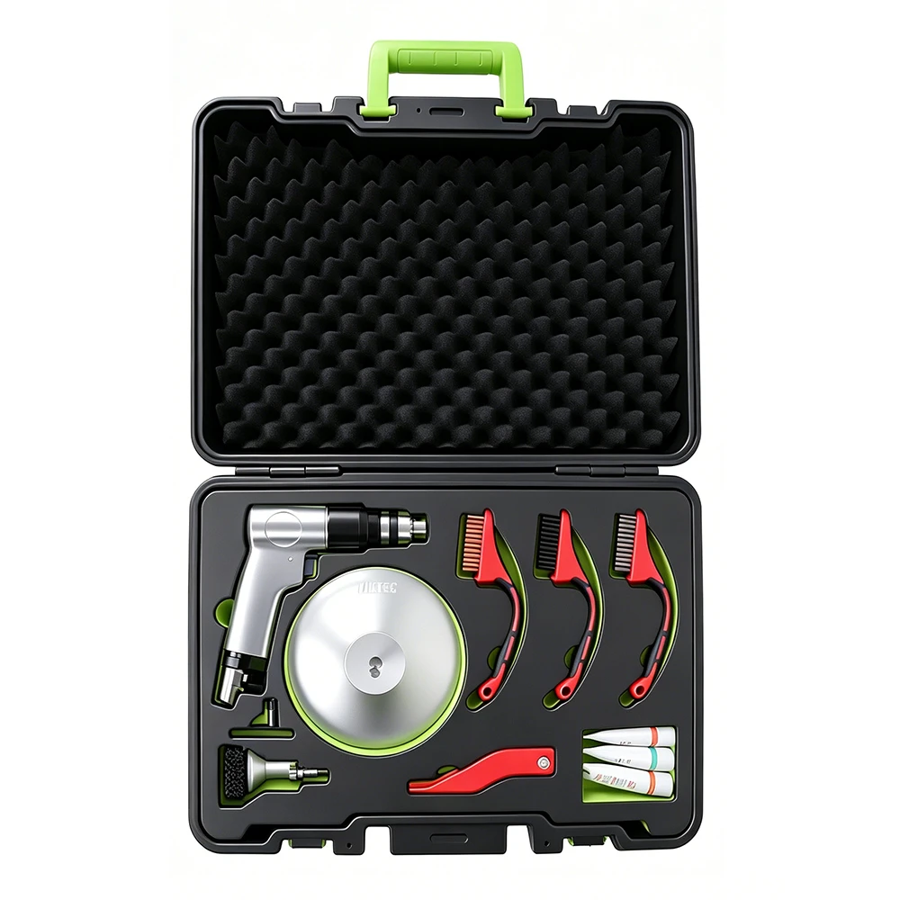 Pneumatic Wheel Hub & Brake Cleaning Tool Set 1 VT14088D pneumatic tire repair tool kit with air tool brushes and tire repair accessories in carrying case