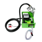 VT14141G 12V 24V electric diesel fuel transfer pump with fuel nozzle, flow meter, hoses and battery clamps for fuel dispensing.