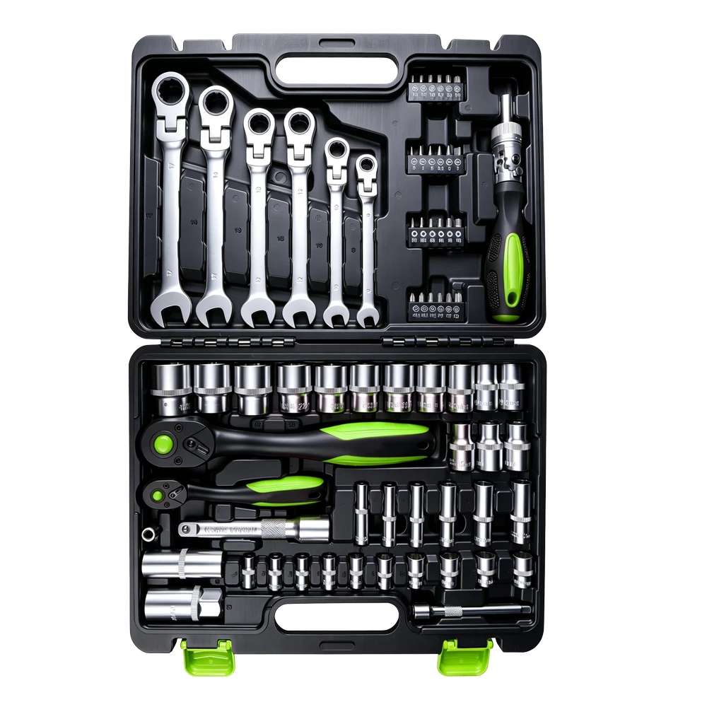 VT18061 68PC socket tool set with 1/4 inch and 1/2 inch drive ratchets sockets spark plug sockets bits wrenches and extensions