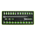 VT18984F torque wrench tool set with metric sockets bit sockets extension adapters and open end attachment arranged in an EVA tray