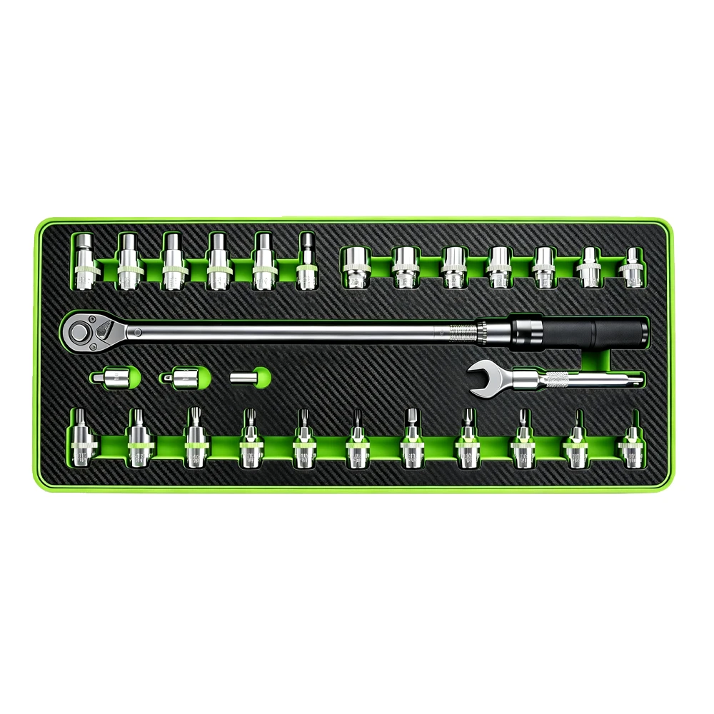 29PC 1/2in Drive Torque Wrench and Bit Socket Set 50–350Nm 3 VT18984F torque wrench tool set with metric sockets bit sockets extension adapters and open end attachment arranged in an EVA tray