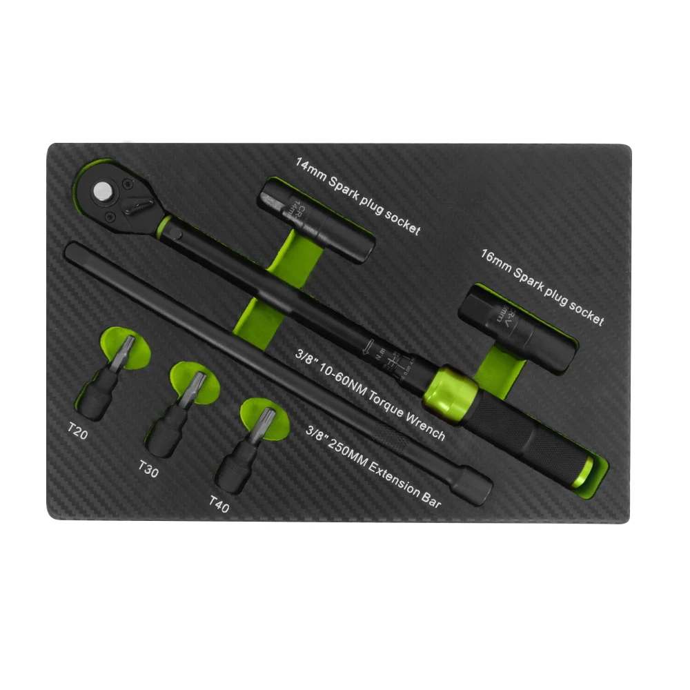 VT18984G 3/8 inch drive 10 to 60Nm torque wrench set with 14mm and 16mm spark plug sockets T20 T30 T40 bits and 250mm extension bar