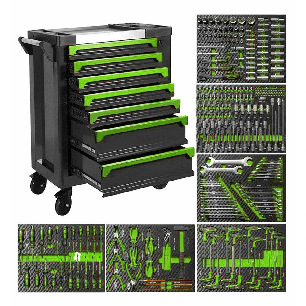 VT19001C 7 drawer professional tool trolley with socket wrench screwdriver plier and hand tool sets organized in foam trays