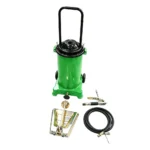 VT19461A portable grease pump with wheeled tank, flexible hose and grease gun for automotive workshop lubrication service.