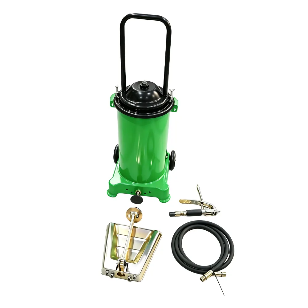 15L Foot-Operated Grease Pump with Grease Gun 6 VT19461A portable grease pump with wheeled tank, flexible hose and grease gun for automotive workshop lubrication service.