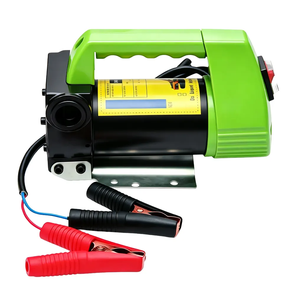 12V/24V 175W Hydraulic Oil Transfer Gear Pump 4 VT19463B portable electric fuel transfer pump with carrying handle and battery clamps for mobile diesel fuel transfer applications.