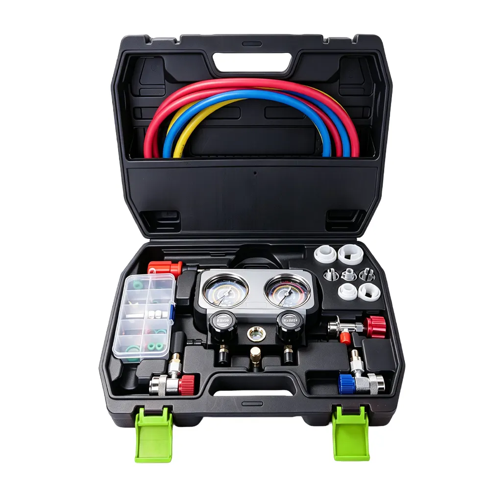Composite A/C Refrigerant Charging Gauge Set 5 VT19728 Automotive A/C refrigerant manifold gauge set with dual pressure gauges and charging hoses for air conditioning diagnosis and service.