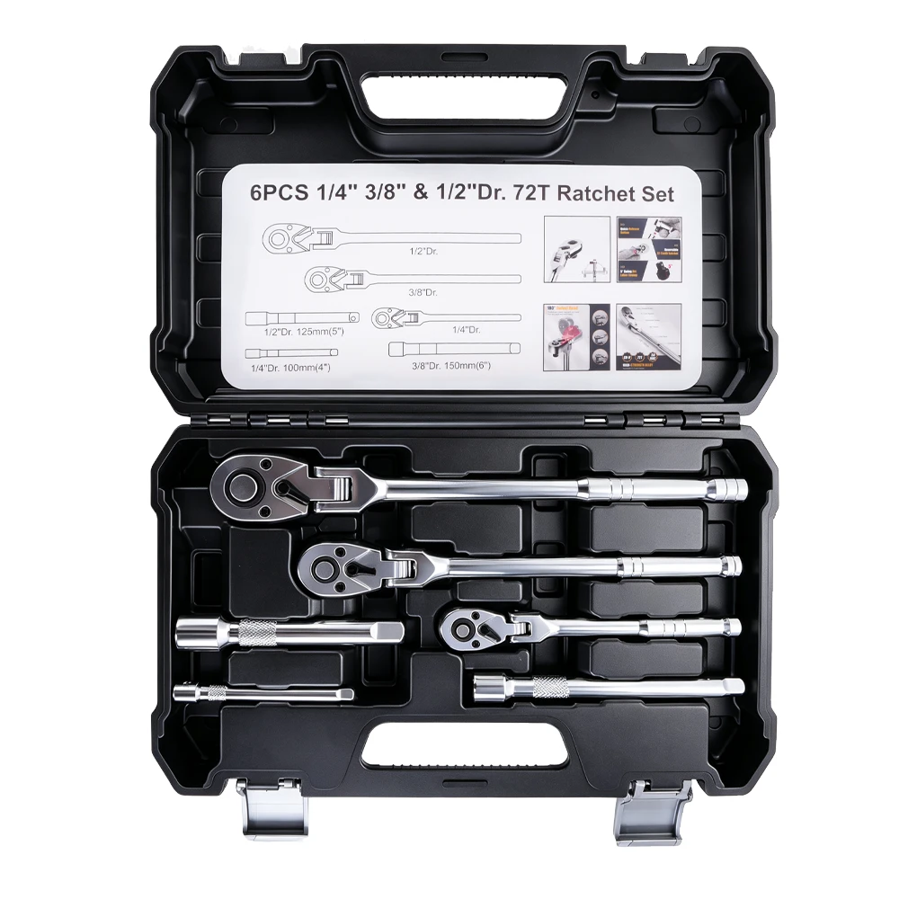 6PC 72-Tooth Flex-Head Ratchet and Extension Bar Set 6 VT20659E 6PC 72 tooth flex head ratchet set with 1/4 inch 3/8 inch and 1/2 inch drive ratchets and extension bars
