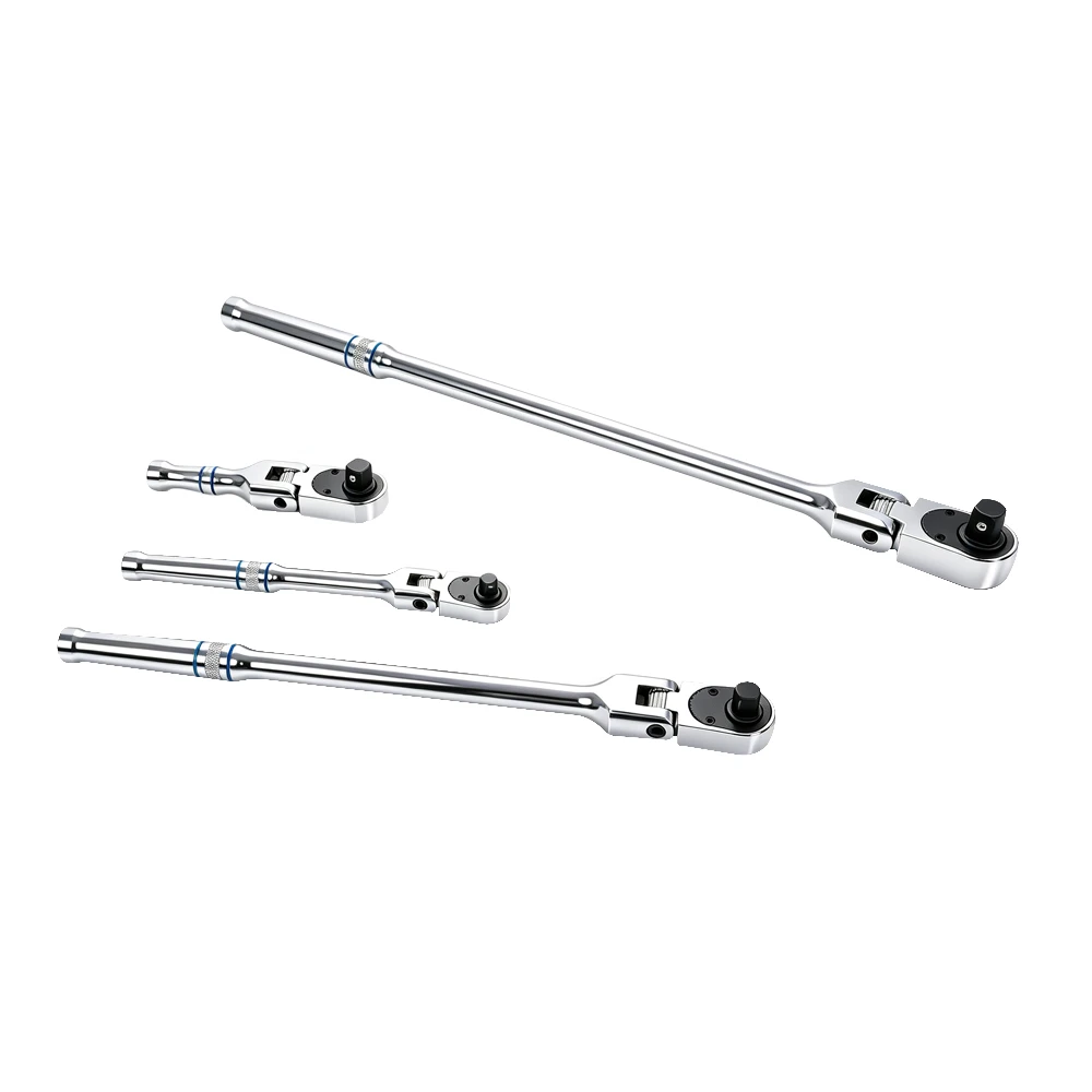 VT20659P four piece flex head ratchet wrench set with multiple drive sizes and long reach handles for automotive fastening and repair work