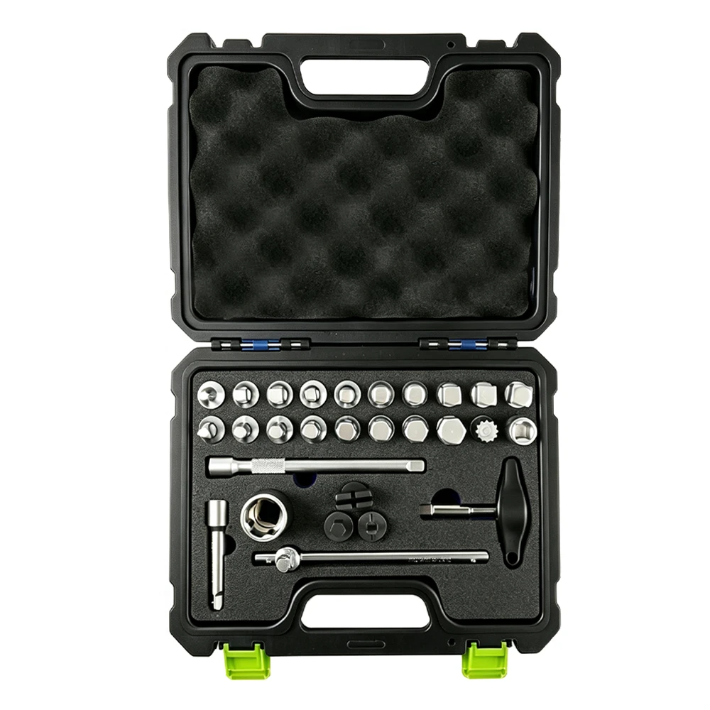 28PC Universal Oil Drain Plug Removal Tool Set 2 VTN1083 28PC oil drain plug removal tool set with square hex sockets extension bars and sliding T handle for engine gearbox and axle drain plugs