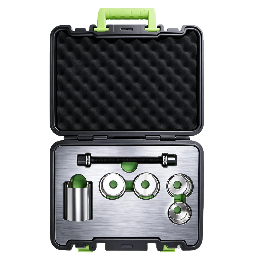Tesla Model 3 & Model Y Rear Knuckle Bushing Puller Tool Set 5 VIKTEC VT20670B wheel bearing and hub removal and installation tool kit with threaded press spindle and assorted adapters for automotive bearing service.