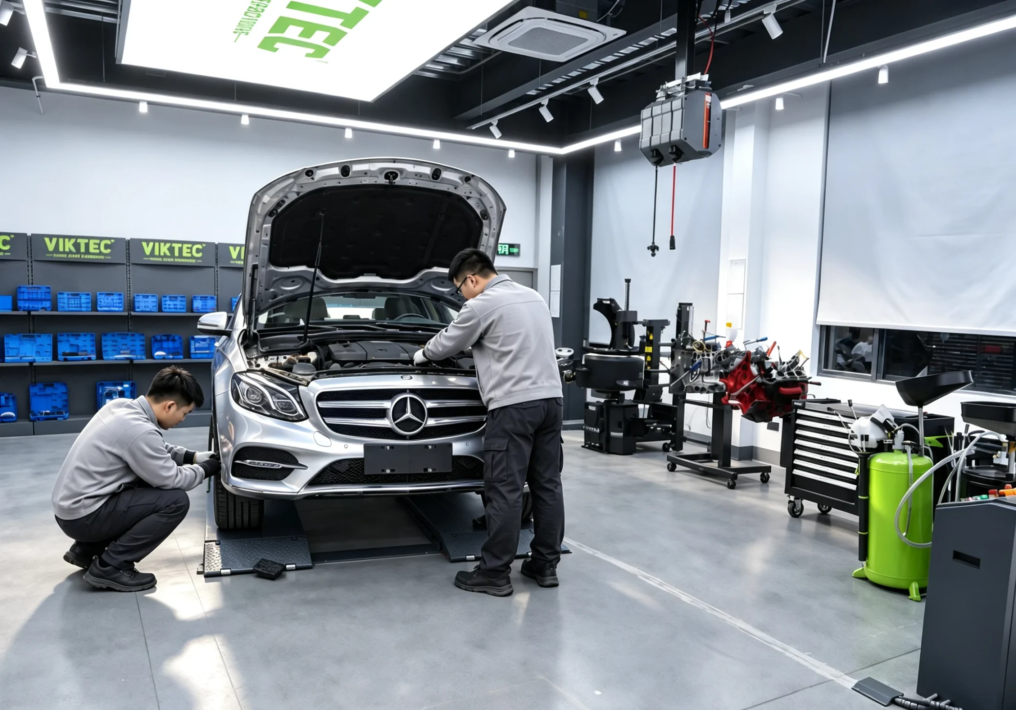 2026 Automotive Workshop Trends: Digital Diagnostics, ADAS and Specialized Repair Tools 2 Professional automotive technicians servicing a vehicle in a modern workshop equipped with VIKTEC automotive repair tools and garage equipment.