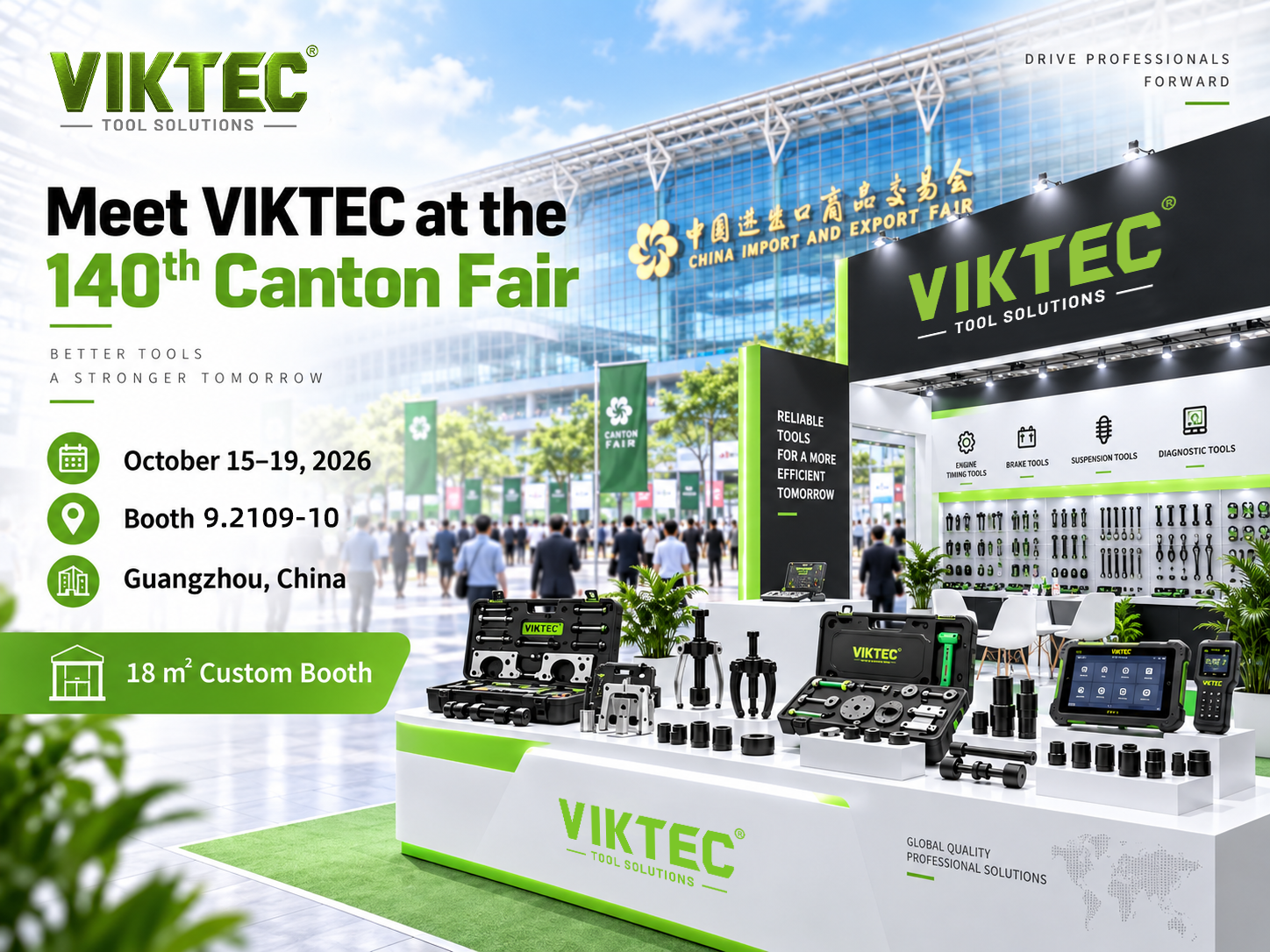 VIKTEC automotive tools booth at the 140th Canton Fair 2026 in Guangzhou, China, Booth 9.2109-10, October 15-19