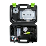 Kit VT01047D de purge et de contrôle des freins à pompe à main, comprenant un manomètre, un réservoir de récupération, des flexibles et des adaptateurs pour l'entretien automobile.