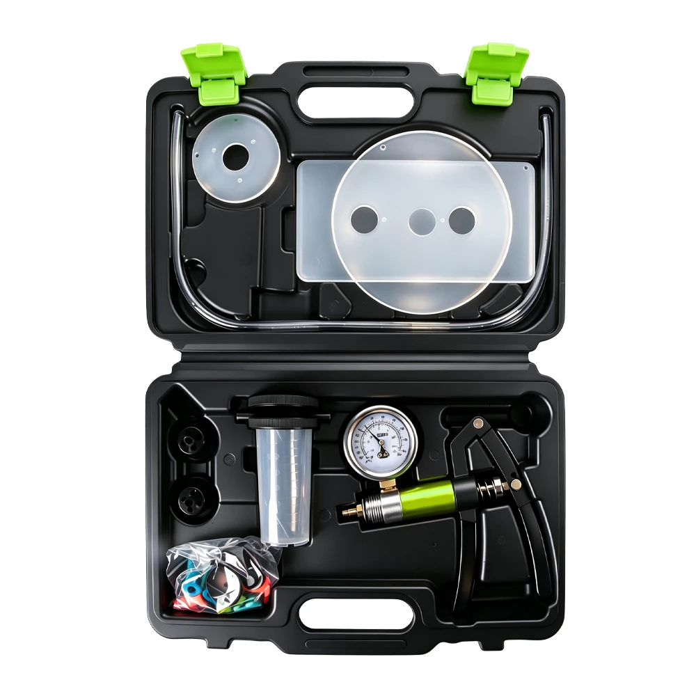 Kit de 21 pièces comprenant une pompe manuelle à double action (dépression et pression) 2 Kit VT01047D de purge et de contrôle des freins à pompe à main, comprenant un manomètre, un réservoir de récupération, des flexibles et des adaptateurs pour l'entretien automobile.