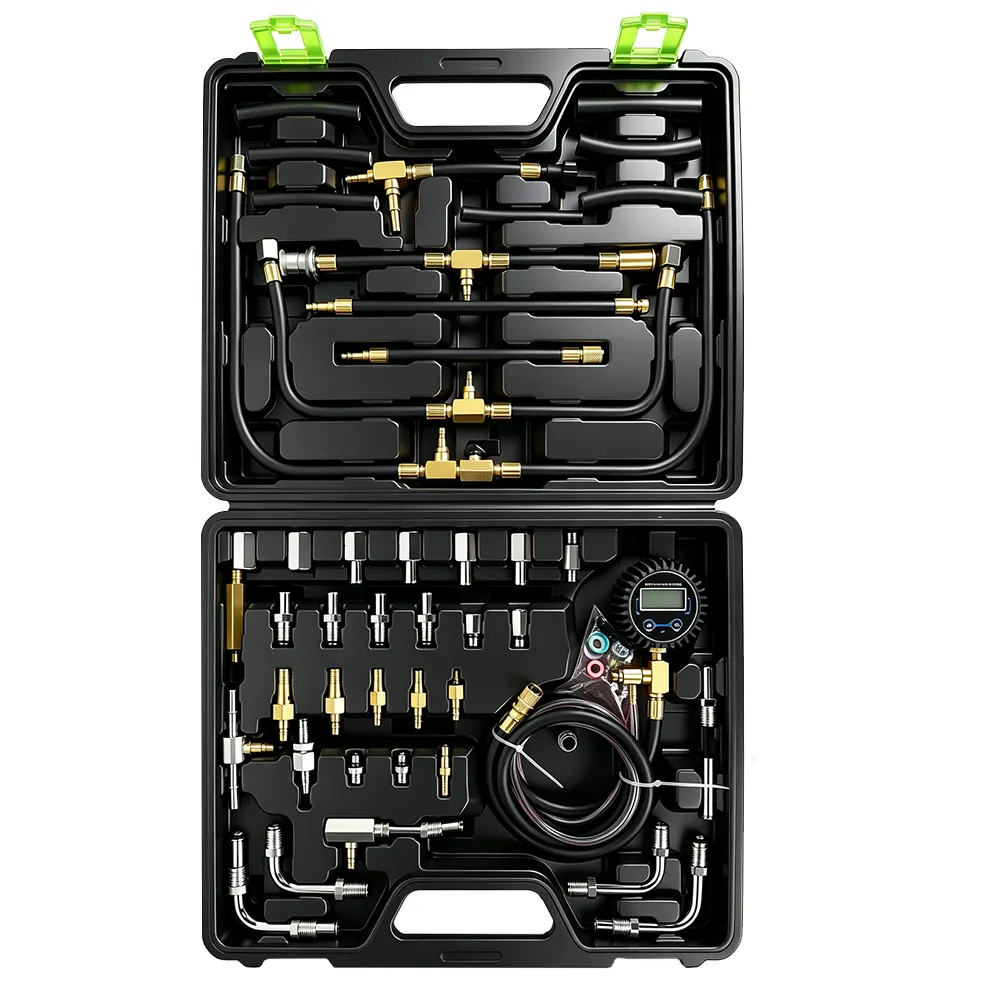 Kit de comprobador de presión para inyección digital de combustible 5 Kit de comprobador de presión de inyección digital VT01056B con mangueras, racores y adaptadores para diagnosticar la presión del sistema de inyección de gasolina.