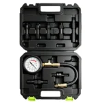 VT01059 : kit de test de compression pour moteur à essence, 8 pièces, avec manomètre et adaptateurs pour bougies d'allumage (divers modèles), destiné au diagnostic de la compression des cylindres.