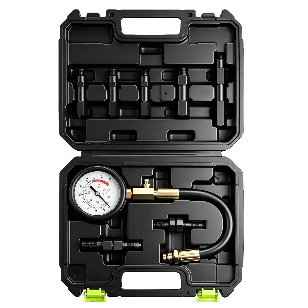 Kit de 8 pièces pour tester la compression des moteurs à essence 3 VT01059 : kit de test de compression pour moteur à essence, 8 pièces, avec manomètre et adaptateurs pour bougies d'allumage (divers modèles), destiné au diagnostic de la compression des cylindres.