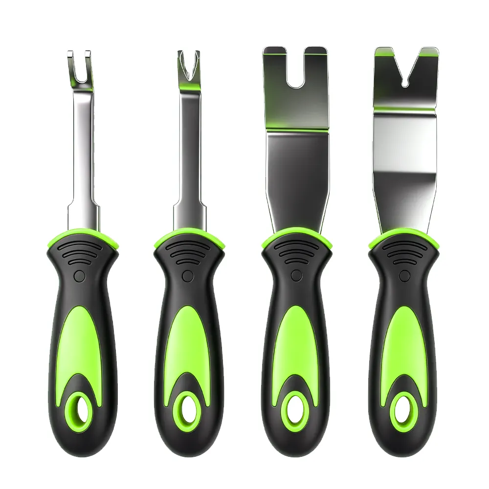 Lot de 4 outils de démontage pour panneaux de porte et moulures 6 VT01290C : kit de 4 outils pour le démontage des panneaux de porte et des clips de garniture, destiné aux panneaux intérieurs, clips, fixations et garnitures de sellerie des véhicules.