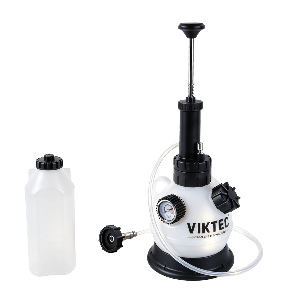 Kit de purga de frenos al vacío de 2 l con botella de rellenado automático de 1 l 3 VT01294R5: purgador manual de frenos a presión con manómetro, bomba manual, manguera y botella de recarga para el cambio profesional del líquido de frenos.