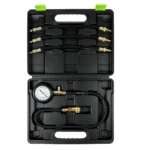 VT01327 : kit de test de compression pour moteur à essence (4 pièces) avec manomètre 0-300 PSI et adaptateurs flexibles, permettant de diagnostiquer l'usure des segments de piston, des soupapes et des joints de cylindre.