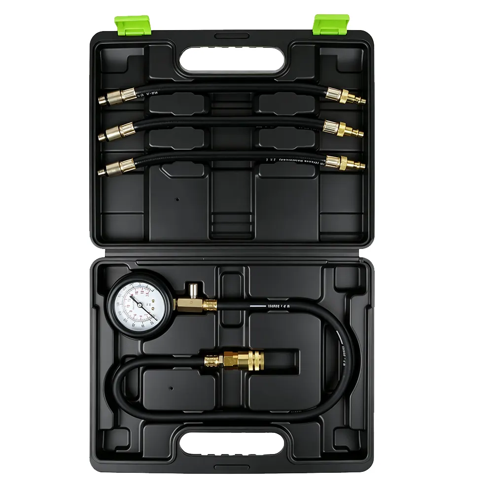 Kit de test de compression moteur, 4 pièces, n° 1 VT01327 : kit de test de compression pour moteur à essence (4 pièces) avec manomètre 0-300 PSI et adaptateurs flexibles, permettant de diagnostiquer l'usure des segments de piston, des soupapes et des joints de cylindre.