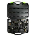 VT01331 Conjunto de 14 peças para teste de compressão de motores a gasóleo, com manómetro e vários adaptadores para injetores e velas de incandescência, destinado a testar a compressão dos cilindros a gasóleo.