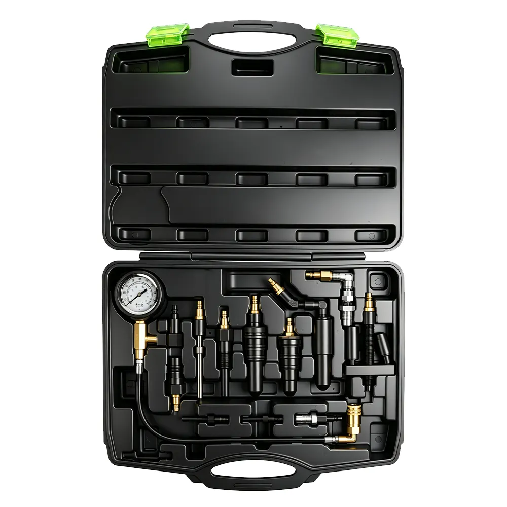 Conjunto de testadores de compressão para motores a gasóleo com 13 adaptadores 1 VT01331 Conjunto de 14 peças para teste de compressão de motores a gasóleo, com manómetro e vários adaptadores para injetores e velas de incandescência, destinado a testar a compressão dos cilindros a gasóleo.