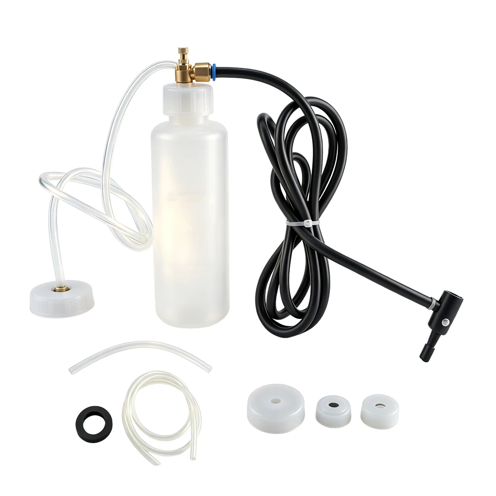 Pneumatisches Werkzeug zum Wechseln der Bremsflüssigkeit 5 VT01461B Adapter-Set zum Entlüften und Nachfüllen von Bremsflüssigkeit mit Flüssigkeitsflasche, Schläuchen und verschiedenen Adaptern für die Wartung von Fahrzeugbremsen.