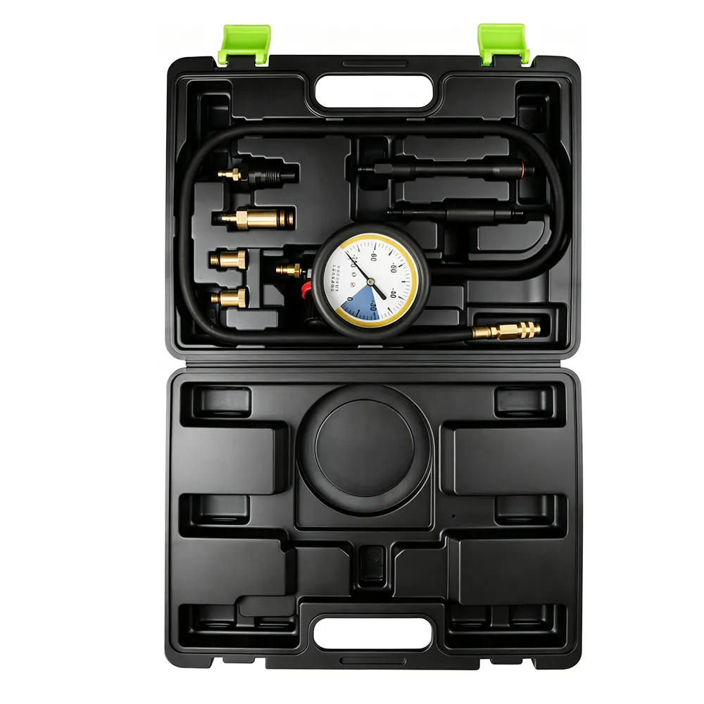 Kit de 7 peças para teste de perda de pressão em cilindros 6 VT01763 Kit de 7 peças para teste de perda de pressão nos cilindros do motor, com manómetro e adaptadores, para verificar fugas nos cilindros e o estado de estanqueidade do motor.