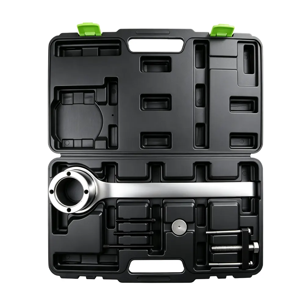 Conjunto de ferramentas para polias do virabrequim Jaguar Land Rover 4 VT01888 Conjunto de ferramentas Jaguar Land Rover para fixação e remoção da polia do veio de manivelas do motor V8, para determinados motores a gasolina de 3,2 L, 3,5 L, 4,0 L, 4,2 L e 4,4 L.